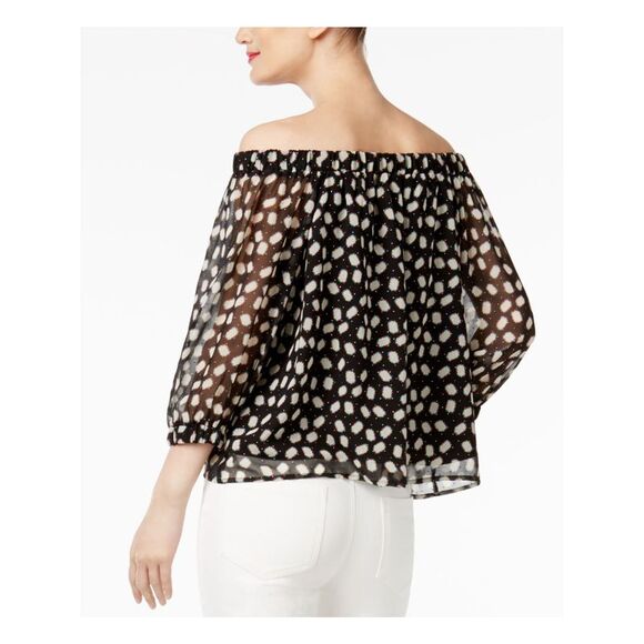 CYNTHIA ROWLEY Womens Black Geometric Long Sleeve Off Shoulder Top Size: S - Picture 2 of 4